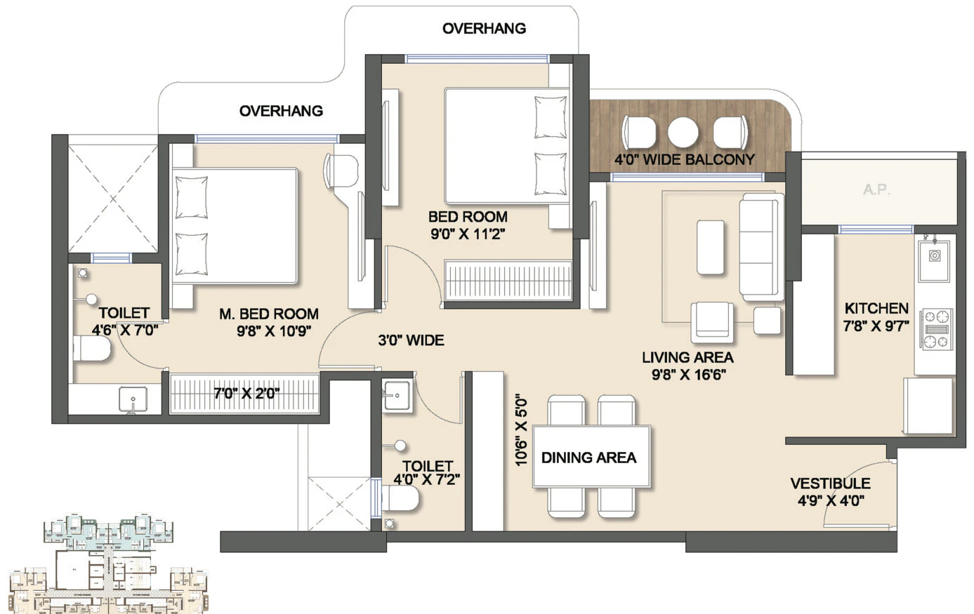 2 BHK Riverfront dimensioned floor plan at Seasons Aura