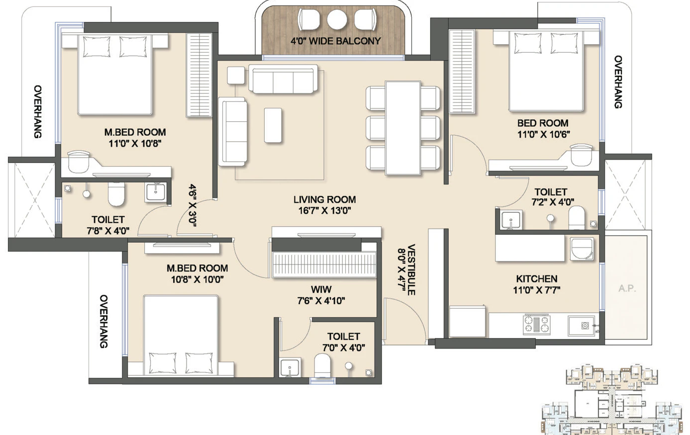 3 BHK Luxury floor plan at Seasons Aura, Kalyan West