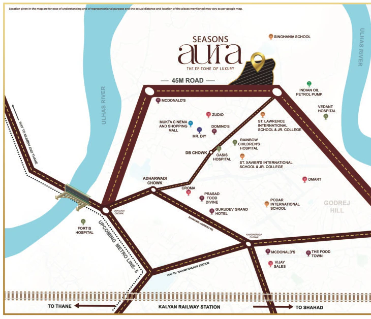 Seasons Aura location map showing the Ulhas River, Godrej Hill and the 45 metre road, Chanakya Nagar, Kalyan West